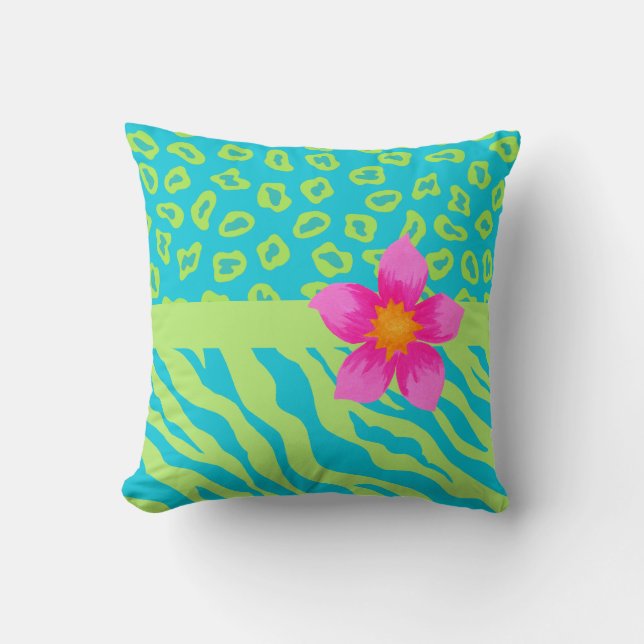 Lime Green & Turcouise Zebra & Cheetah Rosa Flower Kudde (Framsida)