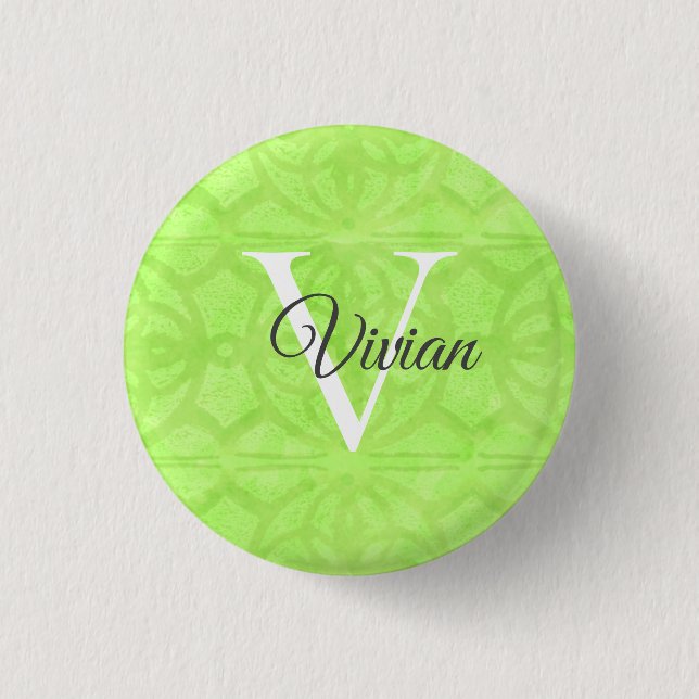 Lime Green Watercolor Monogram Namn Knapp (Framsida)