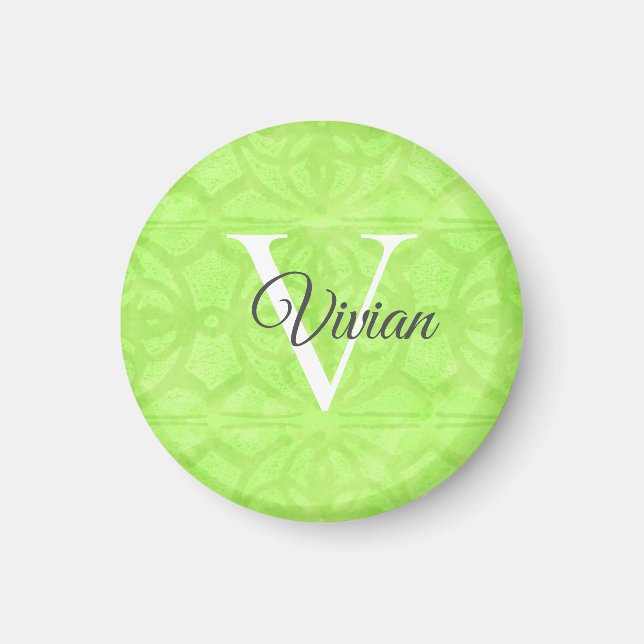 Lime Green Watercolor Monogram Namn Magnet (Framsidan)