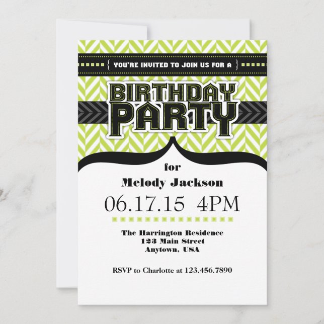 Lime Green White Black Herringbone Birthday Inbjud Inbjudningar (Framsida)