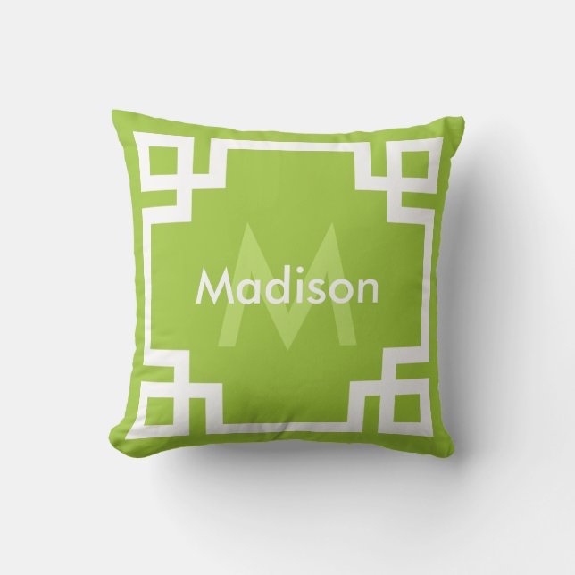 Lime Green White Grekiska Nyckel Monogram Kudde (Framsida)