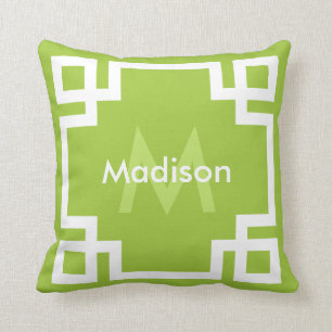 Lime Green White Grekiska Nyckel Monogram Kudde