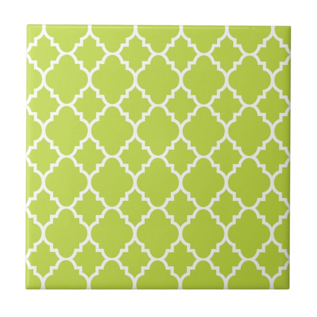 Lime Green White Quatrefoil Moroccan Mönster Kakelplatta (Framsidan)
