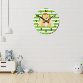 Lime Green-White Rand ・ Lejon ・ Anpassningsbar Rund Klocka