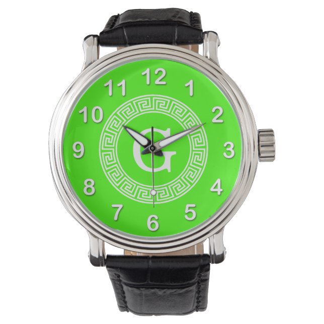 Lime Green Wt Gree Nyckel Rnd Ram Initial Monogram Armbandsur (Framsida)