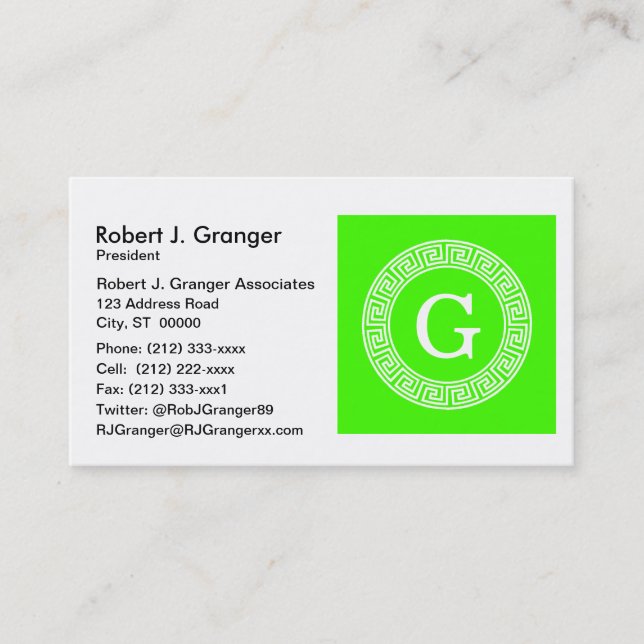 Lime Green Wt Gree Nyckel Rnd Ram Initial Monogram Visitkort (Framsida)