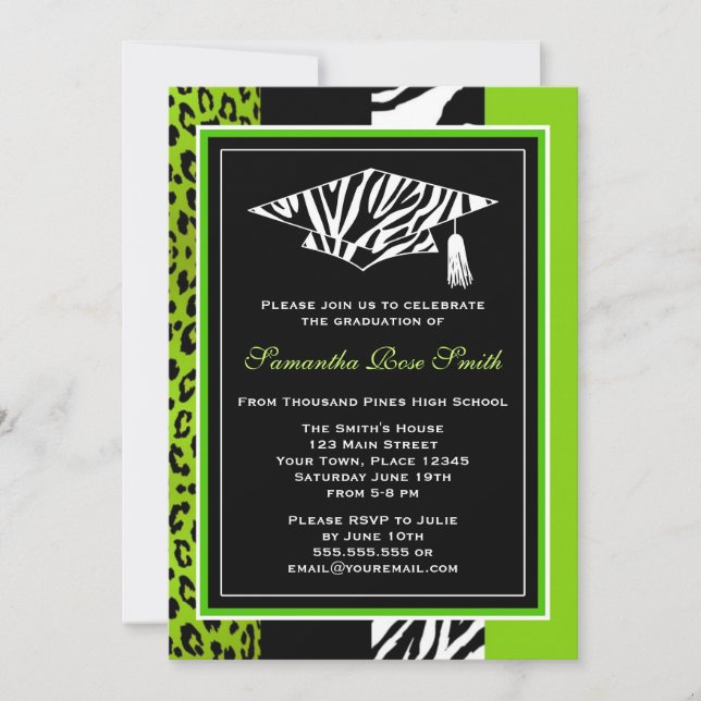 Lime Green Zebra och Leopard Print Studenten Inbjudningar (Framsida)