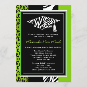 Lime Green Zebra och Leopard Print Studenten Inbjudningar