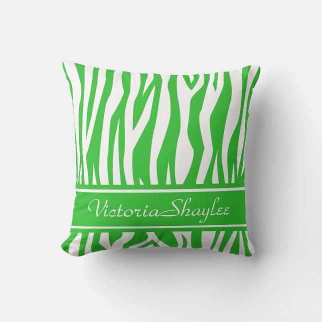 Lime Green Zebra tryck med anpassningsbar text Kudde (Framsida)