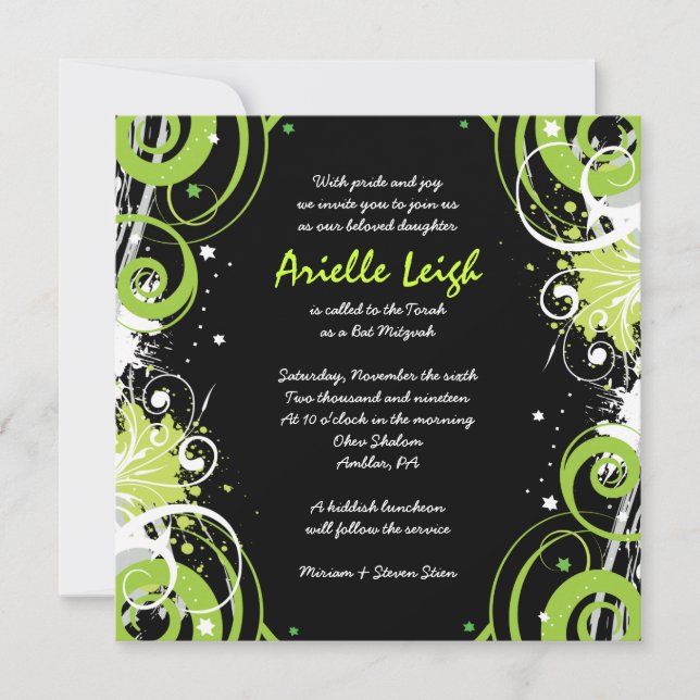 LIME GRÖN SWIRLS & STARS Bat mitzvah inbjudan (Framsida)