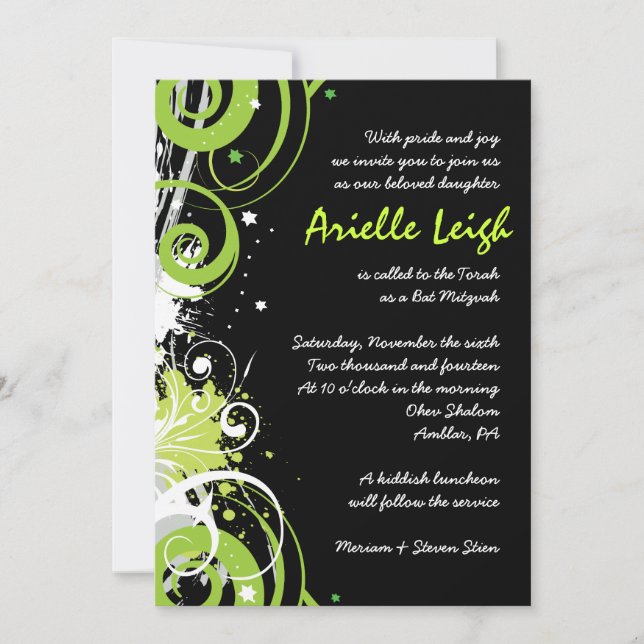 LIME GRÖNA SWIRLS & STARS Bat mitzvah inbjudan (Framsida)