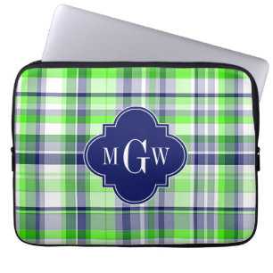 Lime, marin, Wht Preppy Madras Quatrefoil Monogram Laptop Sleeve