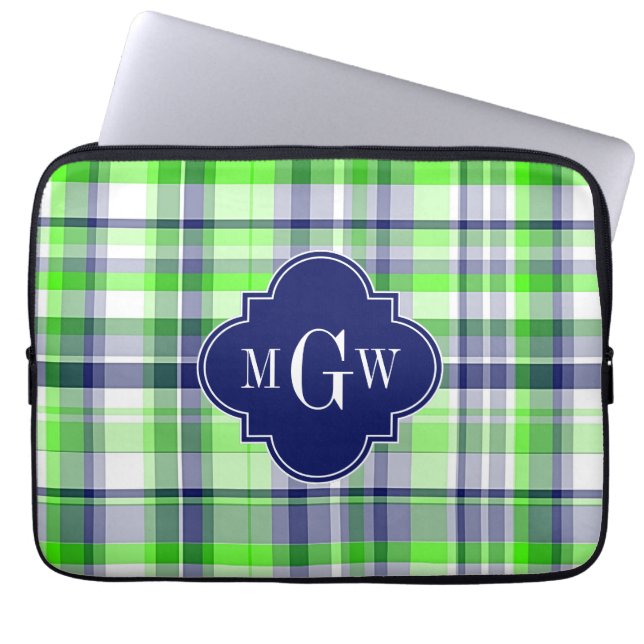 Lime, marin, Wht Preppy Madras Quatrefoil Monogram Laptop Sleeve (Framsidan)