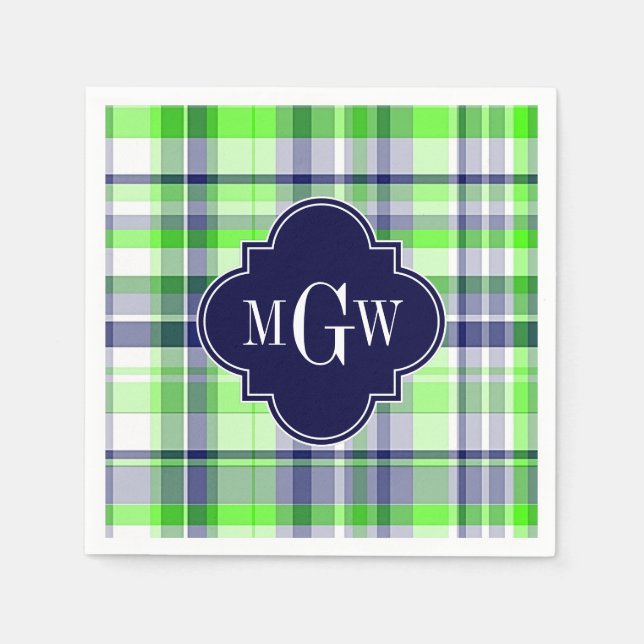 Lime, marin, Wht Preppy Madras Quatrefoil Monogram Pappersservett (Framsidan)