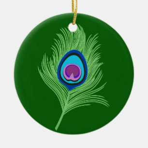 Lime och Blue Peacock Feather på Emerald Grönt Julgransprydnad Keramik