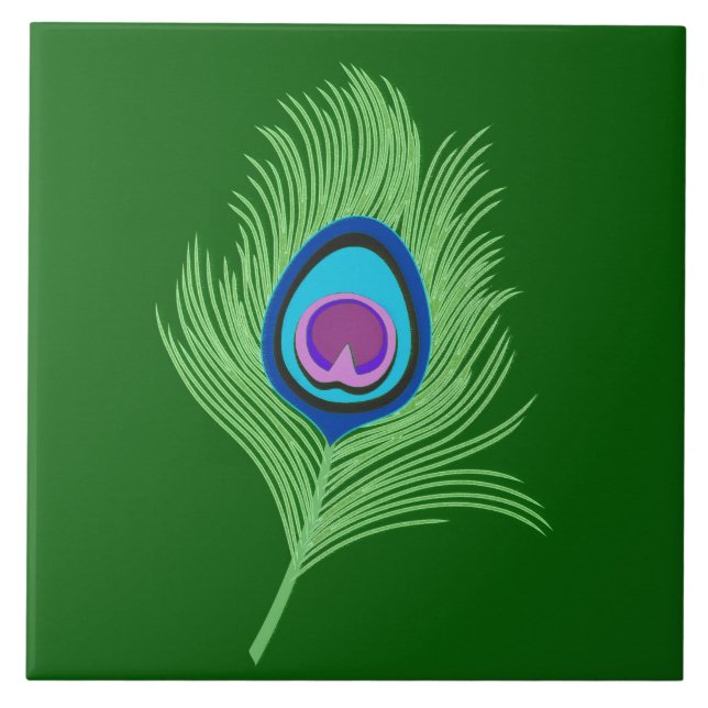 Lime och Blue Peacock Feather på Emerald Grönt Kakelplatta (Framsidan)