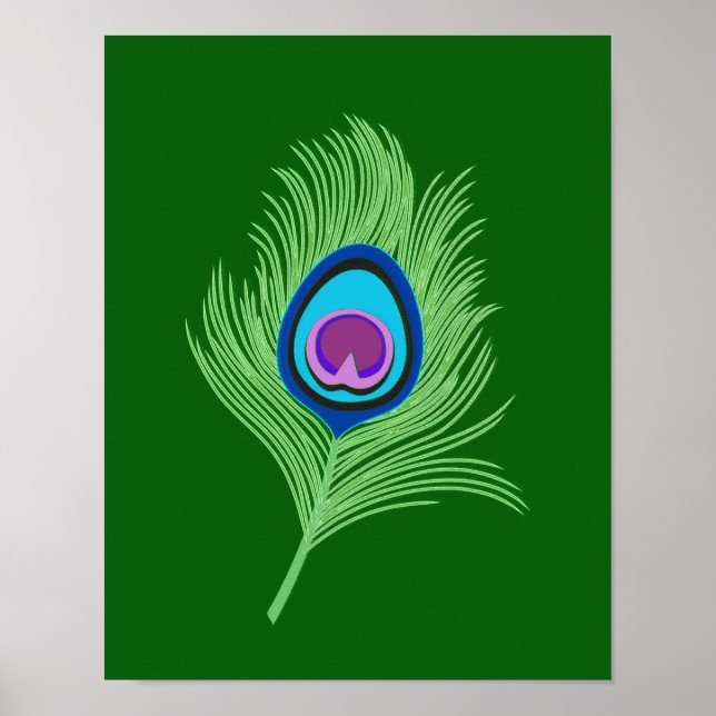 Lime och Blue Peacock Feather på Emerald Grönt Poster (Framsidan)