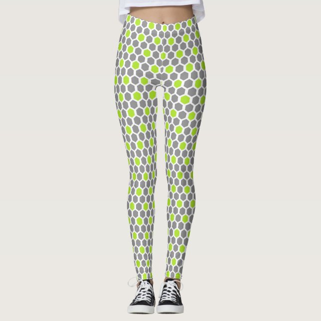 Lime och Grått Hexagon Mönster Leggings (Framsida)