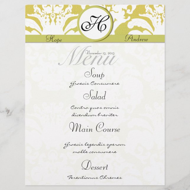 Lime och Guld Damask Monogram Bröllop Menu (Framsida)