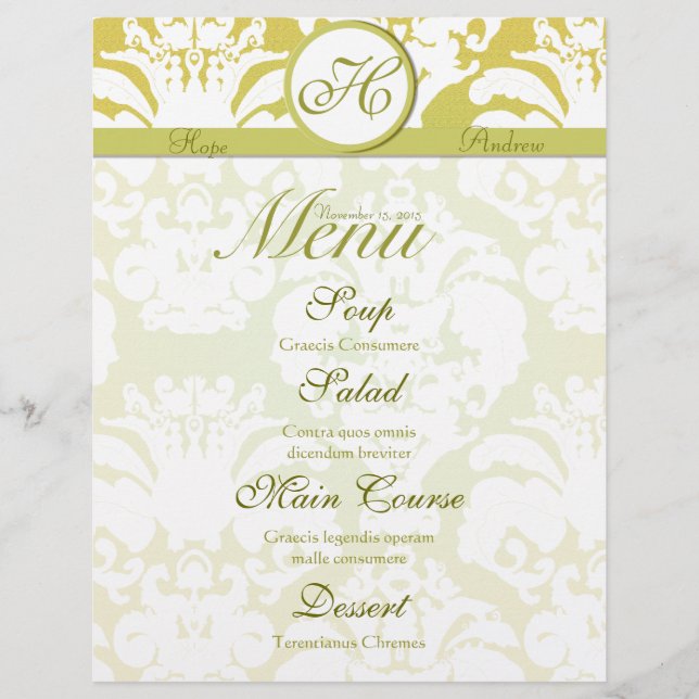 Lime och Guld Damast Monogram Bröllopsmeny (Framsida)