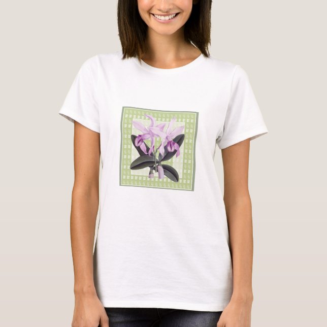 Lime och lila Cattleya orkidé botanisk t-shirt (Framsida)
