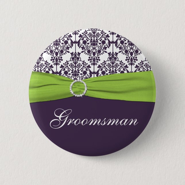 Lime och Lila Damask Groomsman Pin Knapp (Framsida)