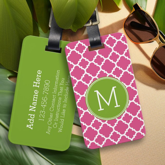 Lime Shock rosa Quatrefoil Mönster Anpassningsbar  Bagagebricka (Custom Monogram Luggage Tag)
