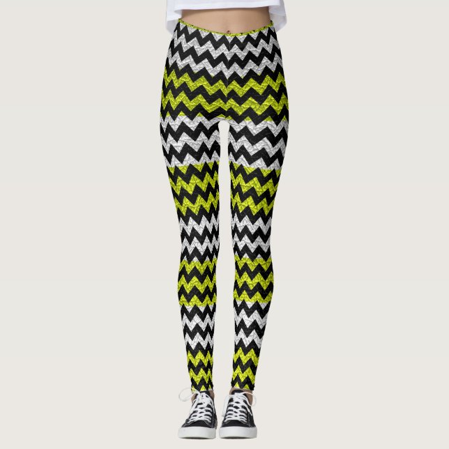 Lime Svart Vitt Chevron Modernt Läder Leggings (Framsida)