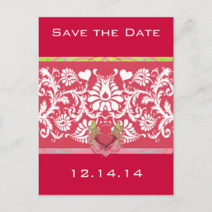 Lime Winged Hearts White Damask on Deep Raspberry Meddelande Vykort