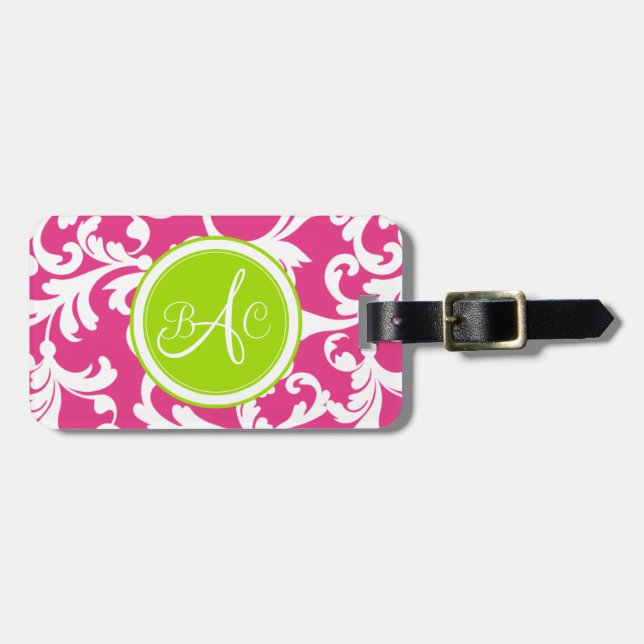 Limefruktgrönt och rosa Monogrammed damastast Bagagebricka (Horisontell Framsida)