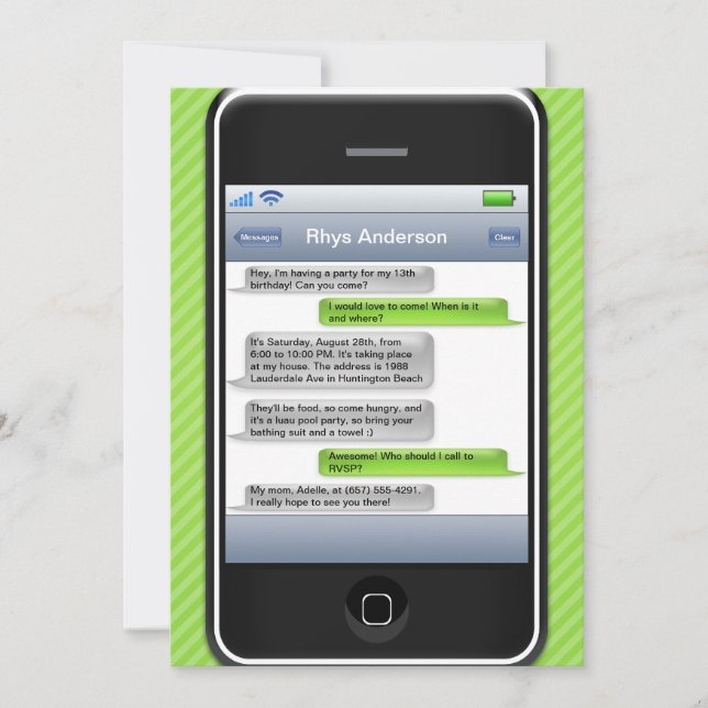 Limefruktgrönt/smart mobil iParty födelsedagsfest Inbjudningar (Framsida)