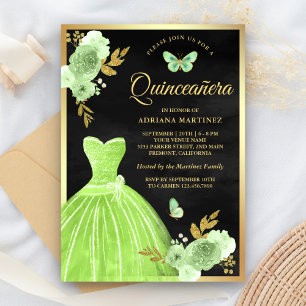 Limegrön Blommig Fjäril Svart Guld Quinceanera Inbjudningar