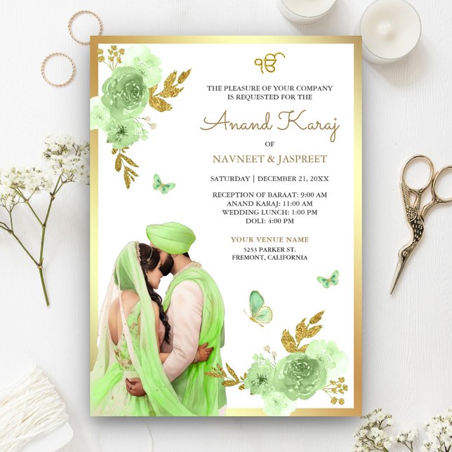 Limegrön blommig punjabi Anand Karaj Sikh bröllop Inbjudningar (Skapare uppladdad)