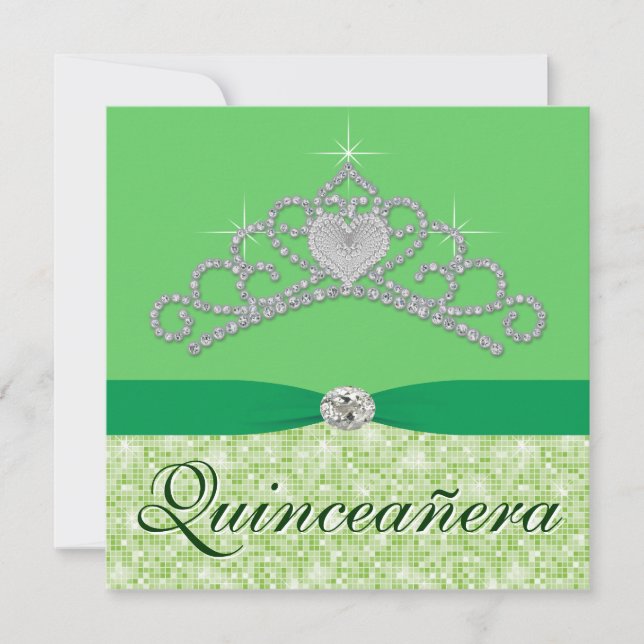 Limegrön diamanttiara Grön Quincenera Inbjudningar (Framsida)