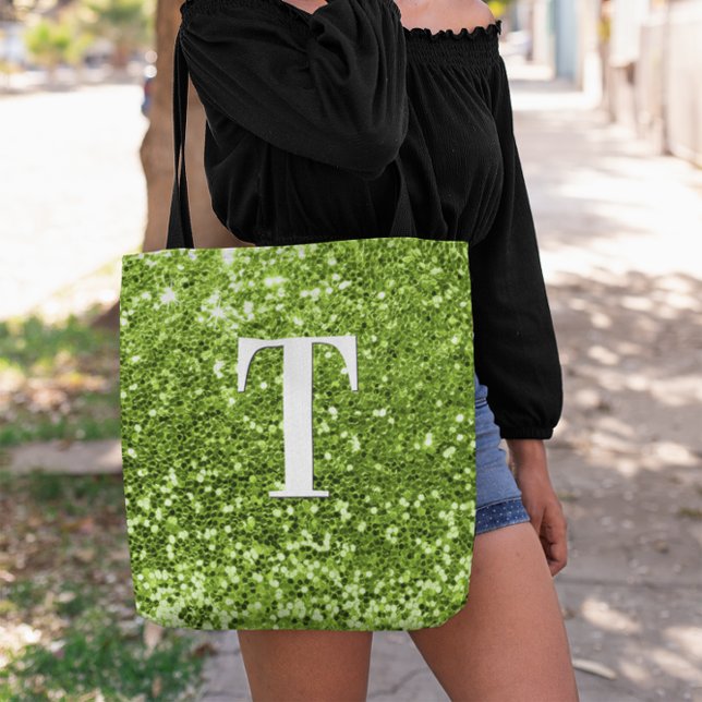 Limegrön falsk glitter Bokeh glittrande monogram Tygkasse (Lime Green Chunky Glitter Monogram Tote Bag)