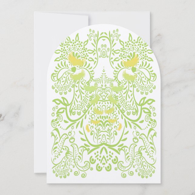 Limegrön Fjärilar Gul Whimsical Fåglar Bröllop Inbjudningar (Framsida)