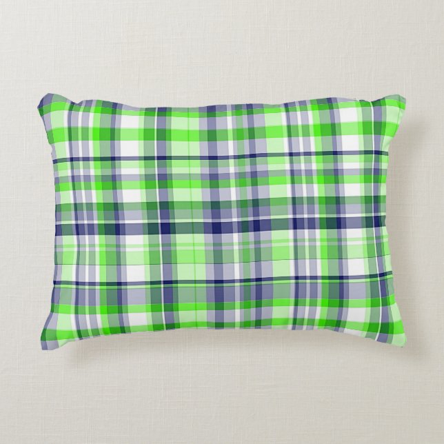 Limegrön, marinblå, vit preppy madrasruta prydnadskudde (Framsidan)