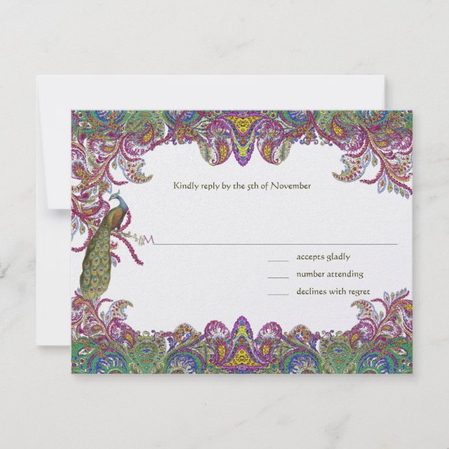 Limegrön och hallonfärgad damaskerande bröllopsinb OSA kort (Framsida)