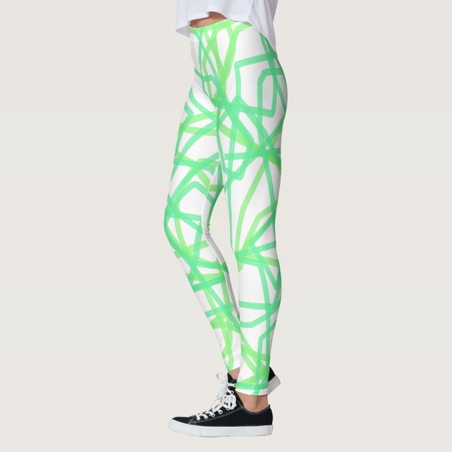 Limegrön och vit randig klotterabstrakt leggings (Vänster)