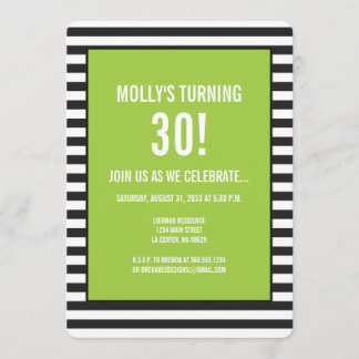 Limegrön på svart och vit randig fest inbjudningar