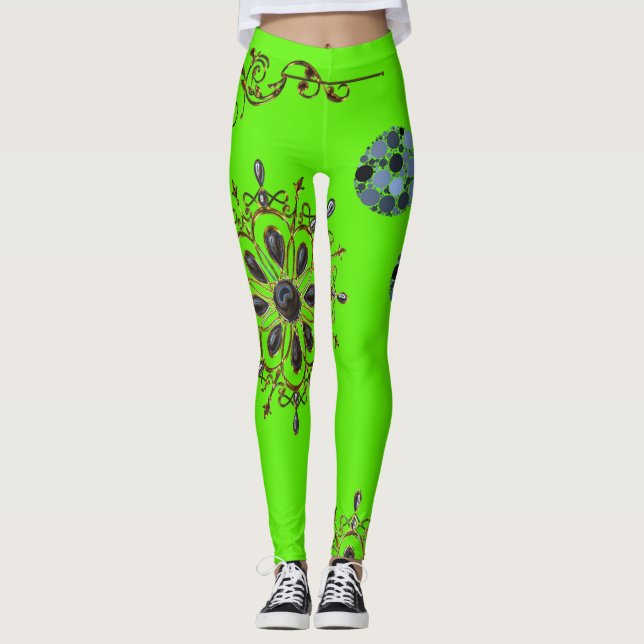 Limegröna blå gyllene långa leggings (Framsida)