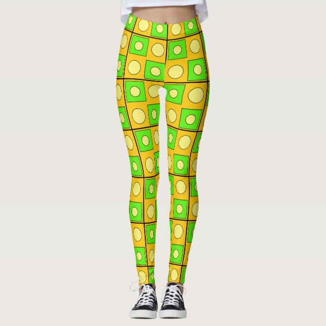 Limegröna gula och orangea abstrakta former leggings (Framsida)