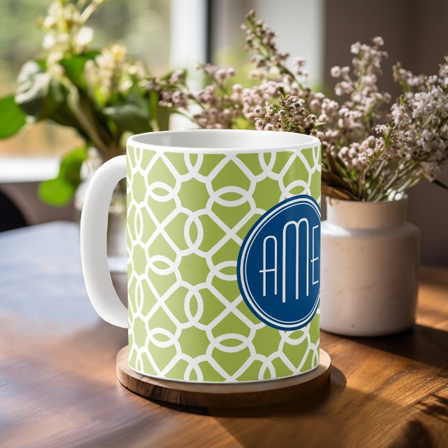 Limegröna och blå geometriska mönster monogram kaffemugg (Personalized Coffee Mug)