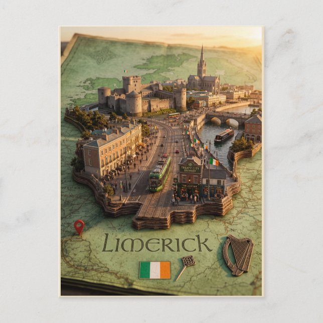 Limerick Irland 3D Kartillustration Poster Vykort (Framsida)