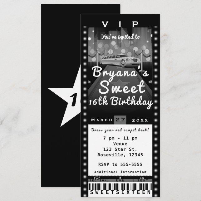 Limo i stan svart & vit fest entrébiljett inbjudan (Fram/baksida)