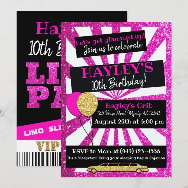 Limo Party VIP Pass Rosa & guld Glitter inbjudan (Fram/baksida)