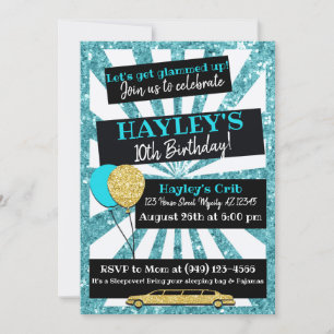 Limo Party VIP Pass Teal & guld Glitter inbjudan