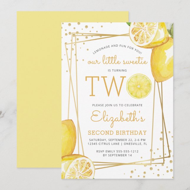 Limonad Citrus Watercolor 2-års Födelsedagsfest Inbjudningar (Fram/baksida)