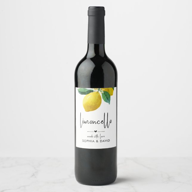 Limoncello Akvarell Citron Blommig Vinflaska Etikett (Framsida)
