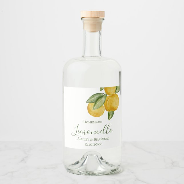 Limoncello Bottle Label, Lovely Lemon Watercolor Spritflaskor Etikett (Framsida)